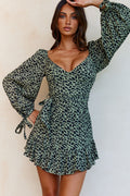 Make Memories Balloon Sleeve Molded Bust Dress Animal Print Olive