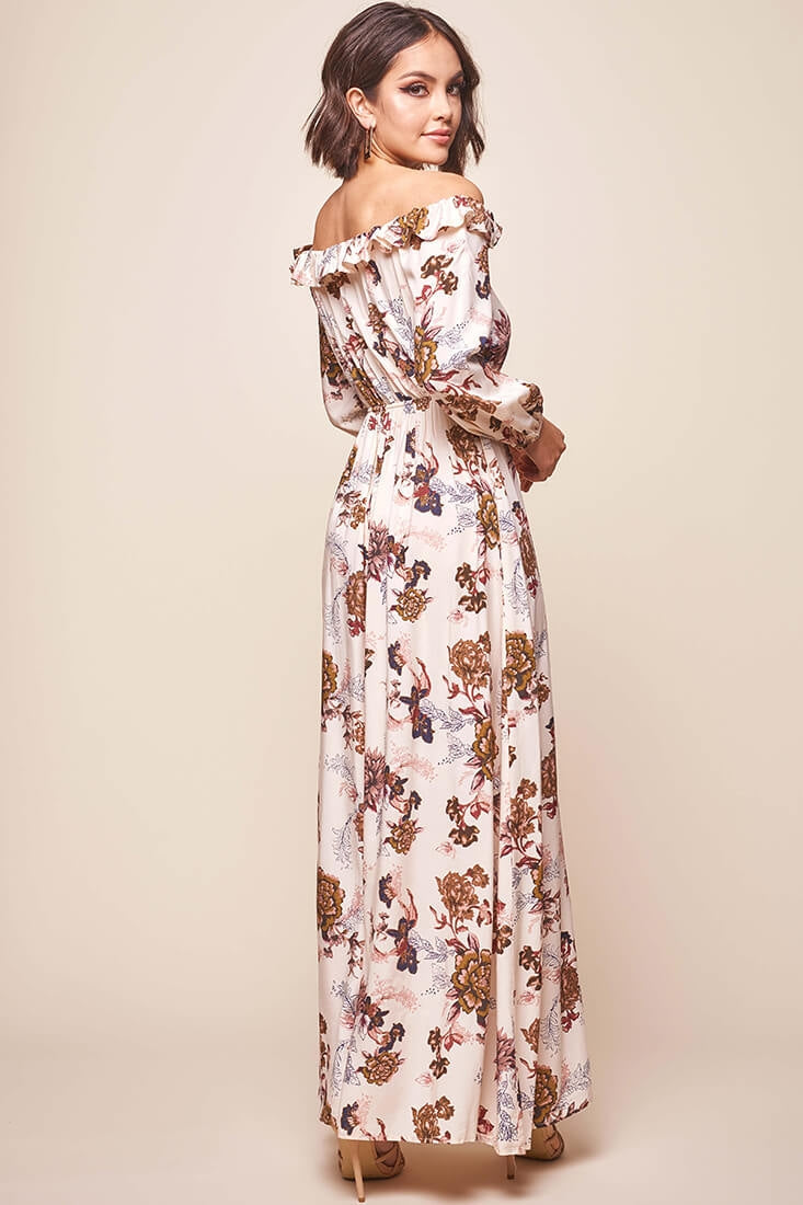 Tatiana Bardot Frill Neckline Maxi Dress Mocha