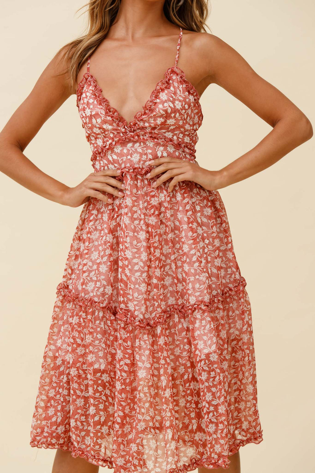 Laney Low Back Cami Strap Midi Dress Floral Print Rose