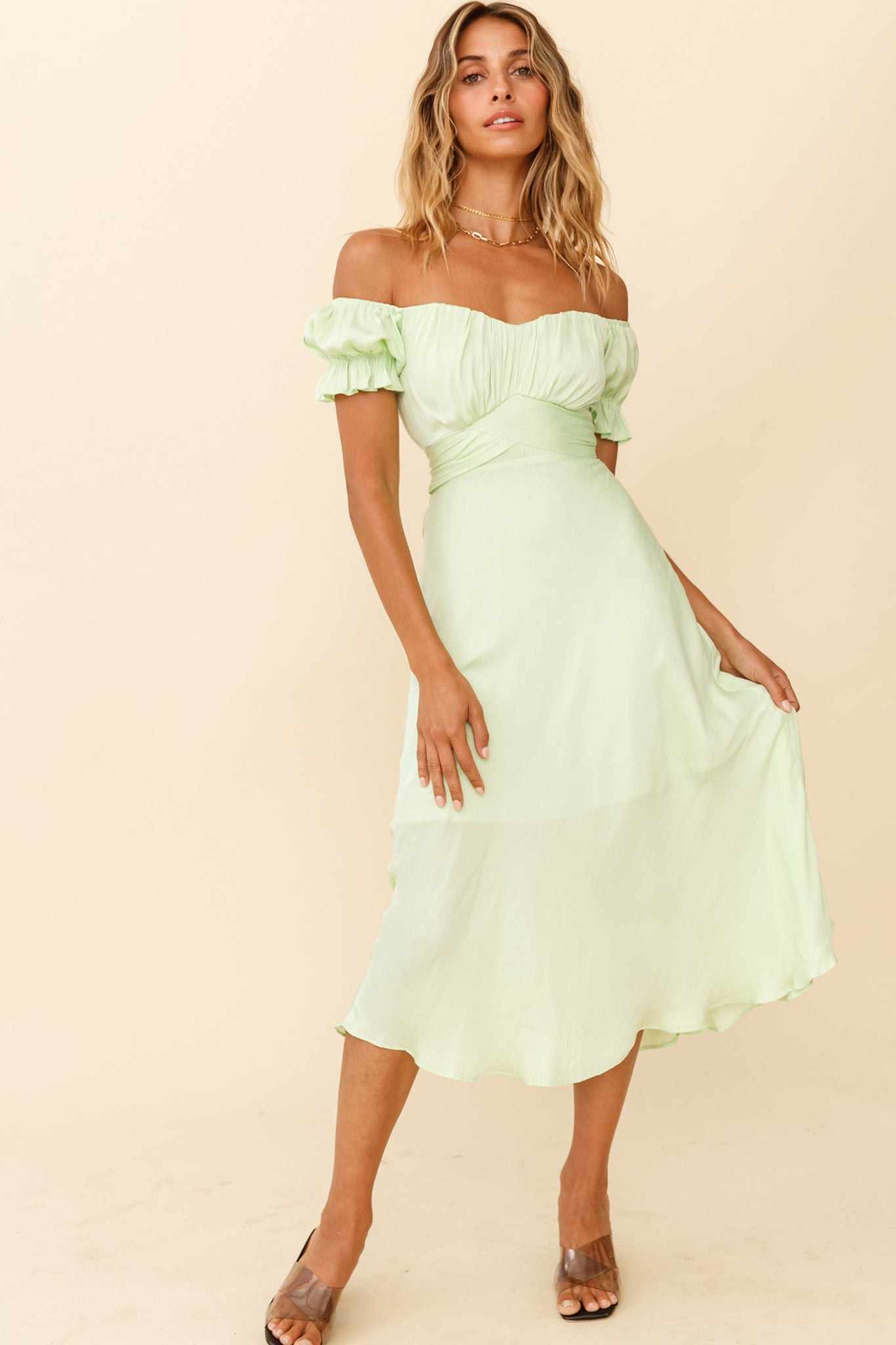 Linka Off-Shoulder Tie Back Midi Dress Apple