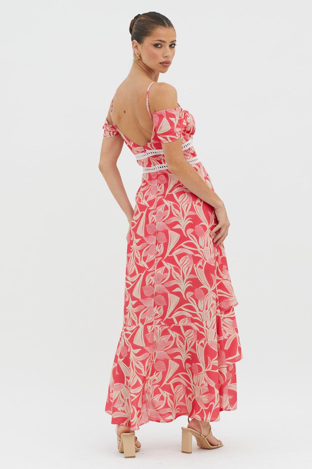 Seina Off-Shoulder Crochet Trim Dress Print Red
