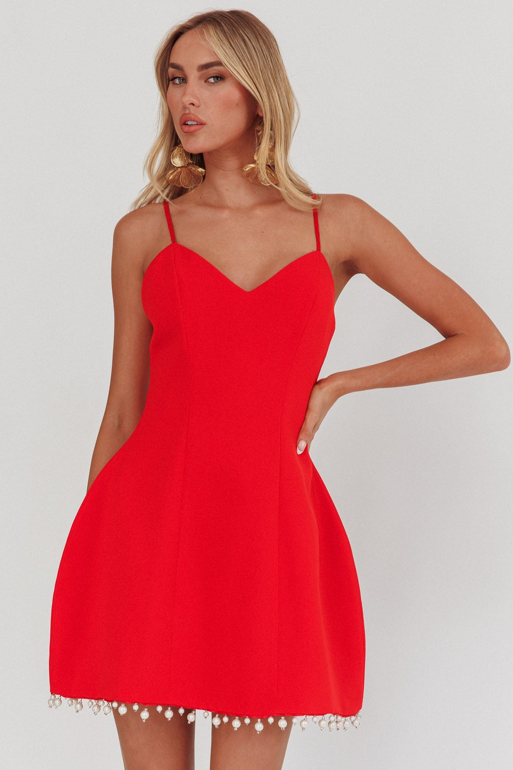 Besos Pearl Hem Mini Dress Red