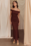In Blooms Off Shoulder Mesh Midi Dress Brown
