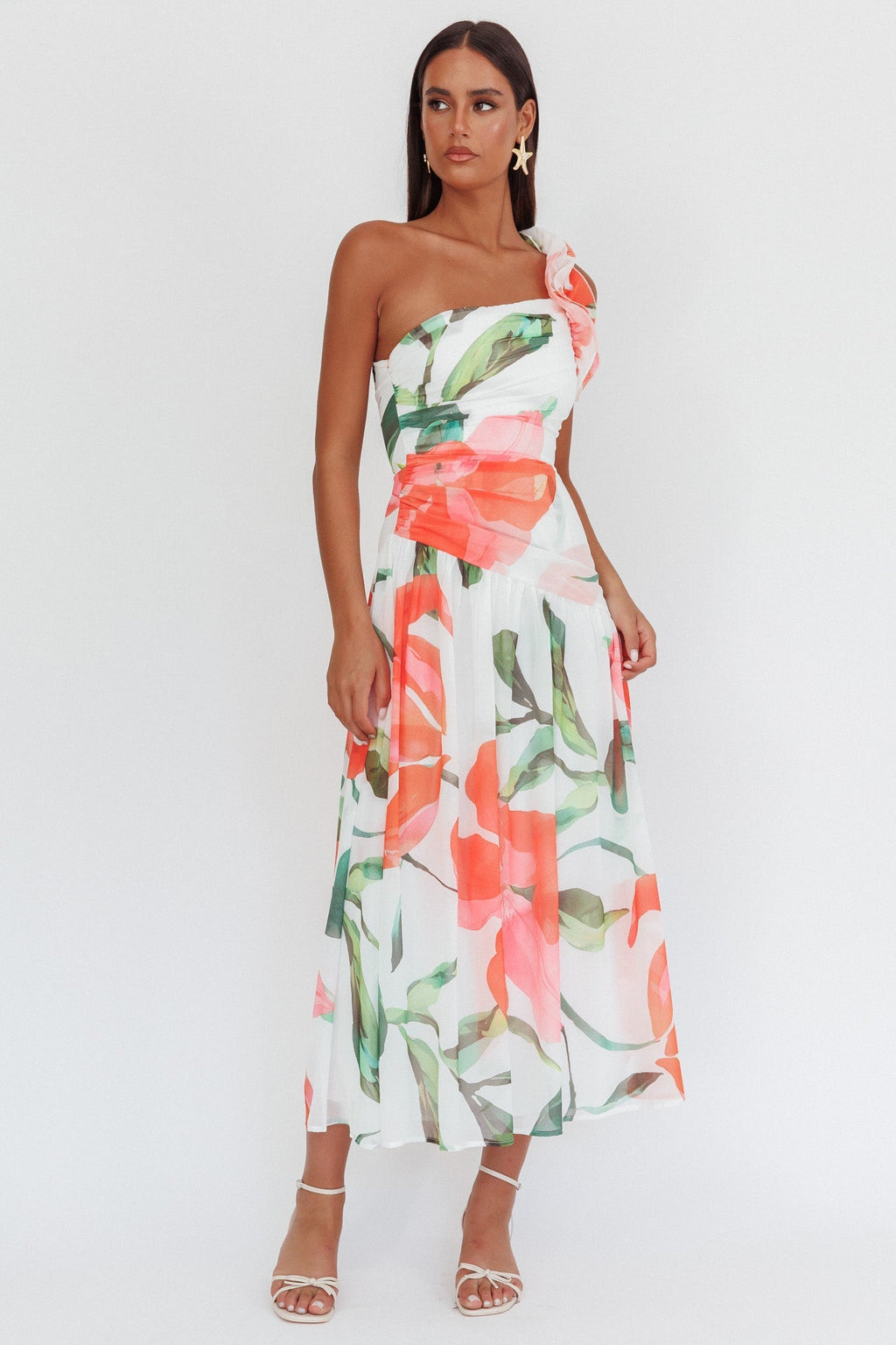 Kinley One-Shoulder Ruffle Maxi Dress Floral Red