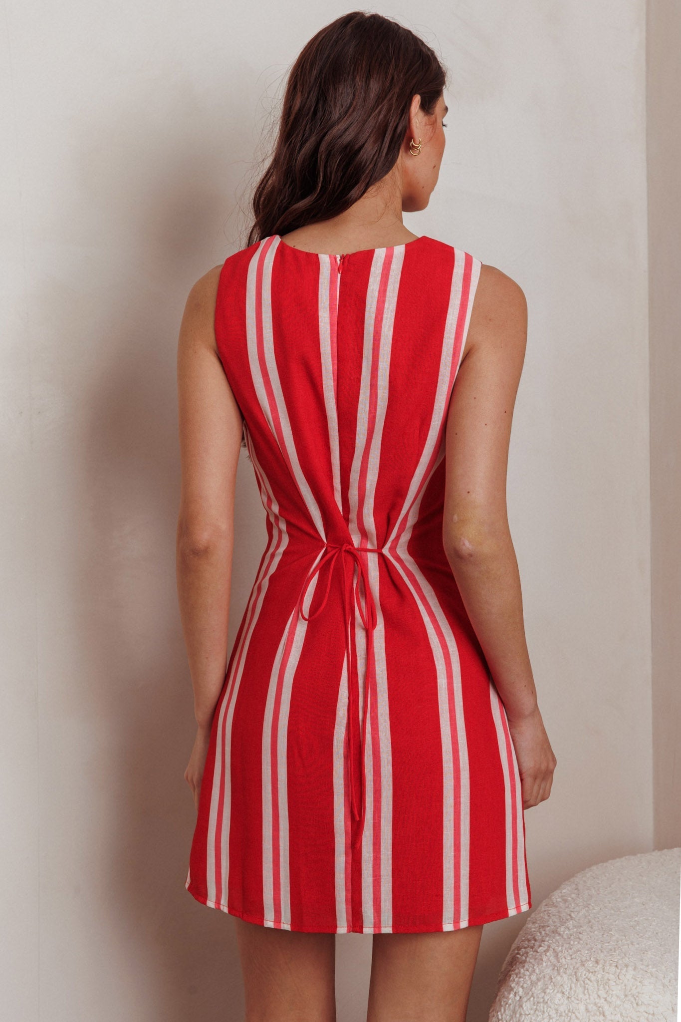 Kalena Faux Placket Mini Dress Stripe Red