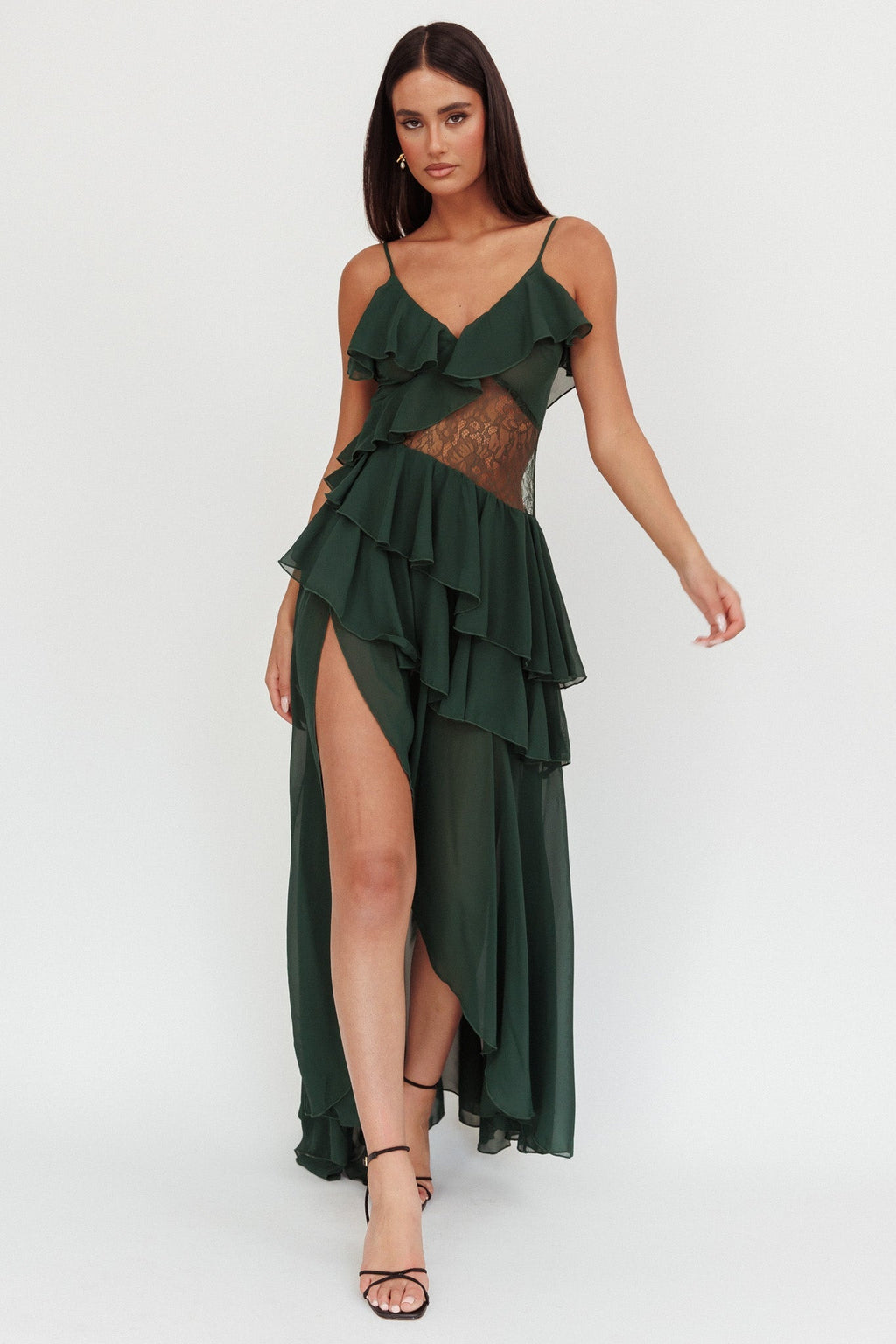 Amaretto Lace Waist Ruffle Maxi Dress Hunter Green