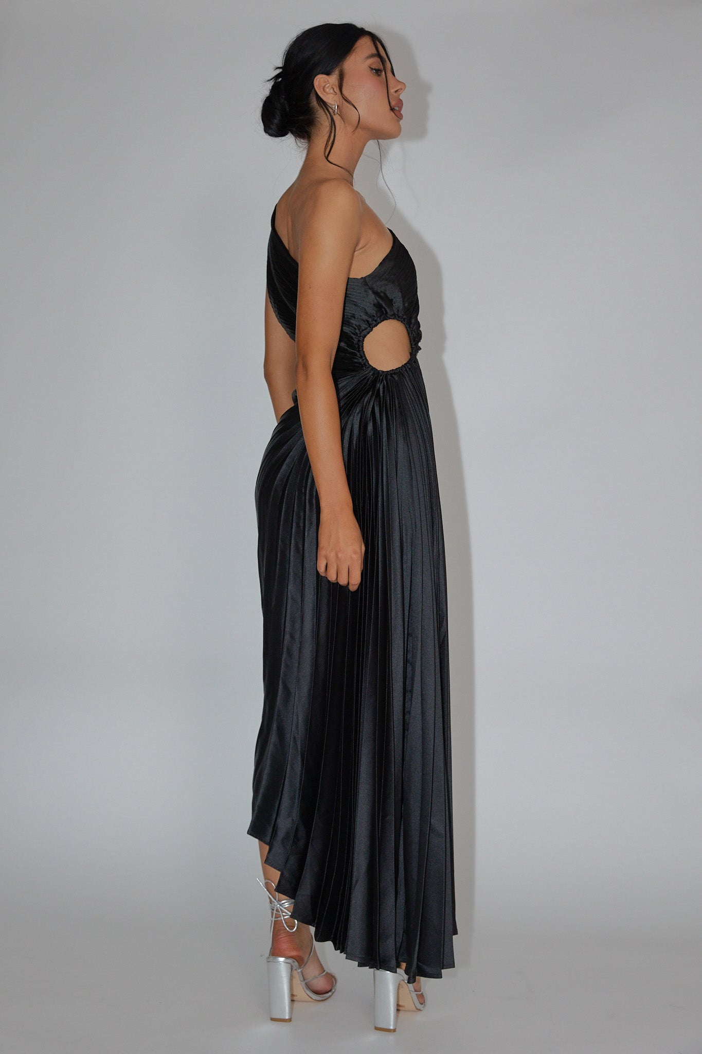 Brooklynn One-Shoulder Accordion Pleat Dress Black