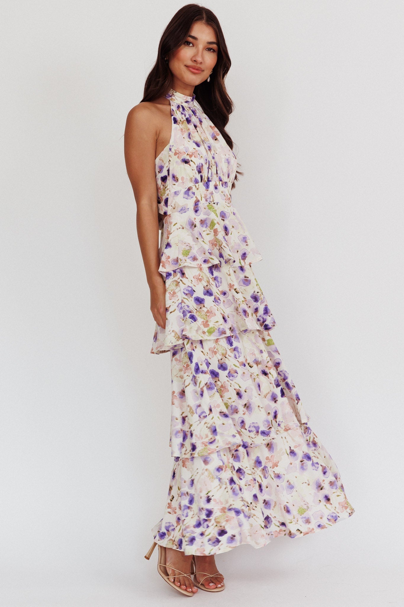 Provence Bloom Tiered Halterneck Dress Blue
